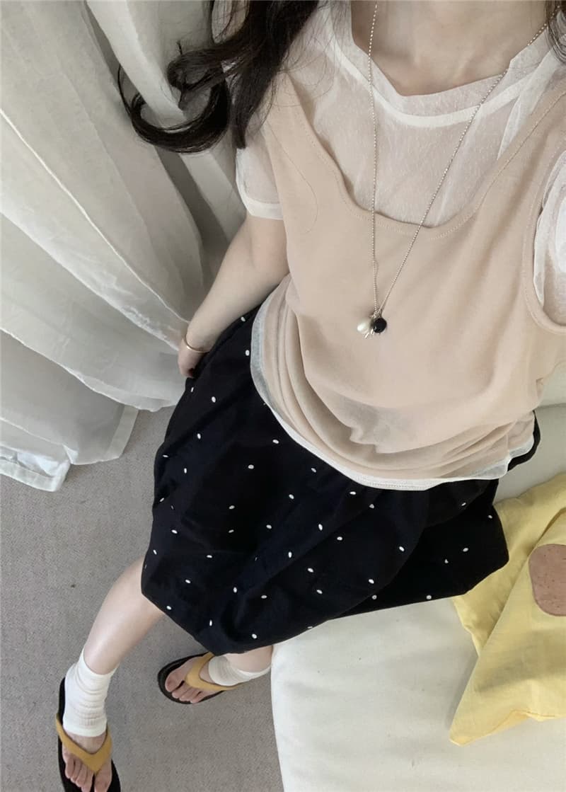 여름 켜기 새로운 한 부서 디자인 센스 페이크 레이어드 라운드 넥 망사 시스루 측면 펌프 Pleat 캐미솔 반팔 작은 셔츠 이미지 5