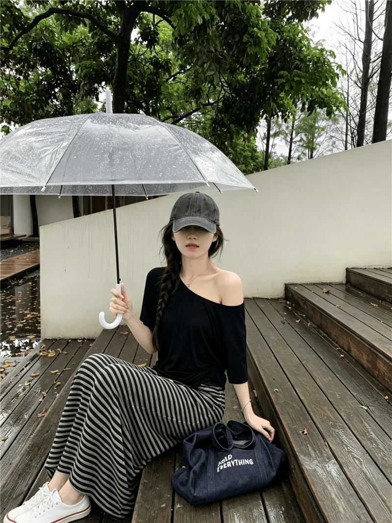 실사 정가 검정색 반팔 루즈핏 다용도 티셔츠 스트라이프 산책 반신 스커트 느긋한 루즈핏 투피스 세트 상세 이미지 4