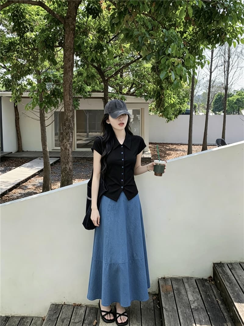 실사 정가 여름 새로운 부드러운 달콤한 스타일 맨위 POLO 칼라 오픈 가디건 다용도 슬림해 보이는 롱 스커트 세트 상세 이미지 1