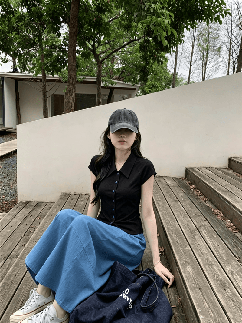 실사 정가 여름 새로운 부드러운 달콤한 스타일 맨위 POLO 칼라 오픈 가디건 다용도 슬림해 보이는 롱 스커트 세트 상세 이미지 7