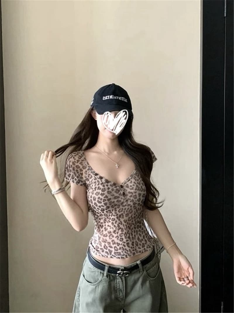 한 여성 산소 셔츠 높음 비장 기타 조각 b 입력 복숭아 심장 고리 몸매 가꾸기 티셔츠 여성 여름 레오파드 무늬 슬림해 보이는 맨위 여성 이미지 3