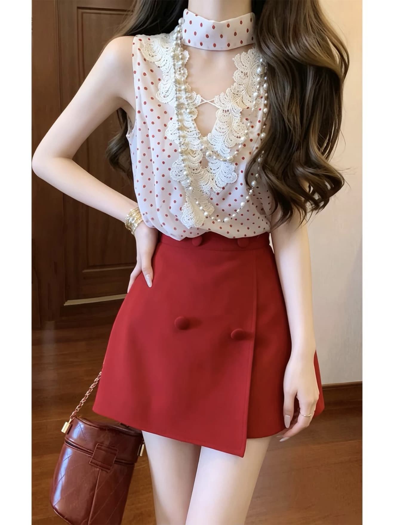 품격 전체 집합 ootd 착용 가져 가라. 프랑스식 고급 센스 도트 무늬 레이스 조각 맨위 짧은 바지 투피스 세트 이미지 3
