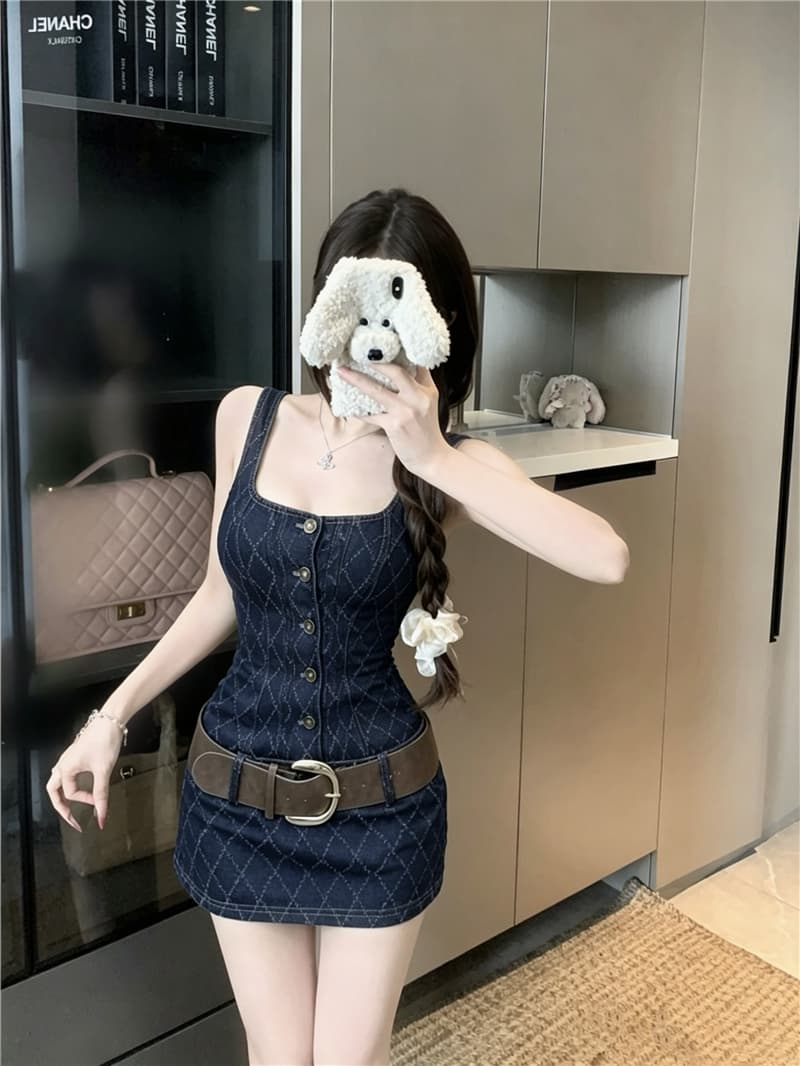 실사 정가 작은 샤넬 스타일 다이아몬드 모양 체크무늬 데님 드레스 디자인 센스 핫걸 타이트 스커트 조끼 스커트 벨트 포함 상세 이미지 6