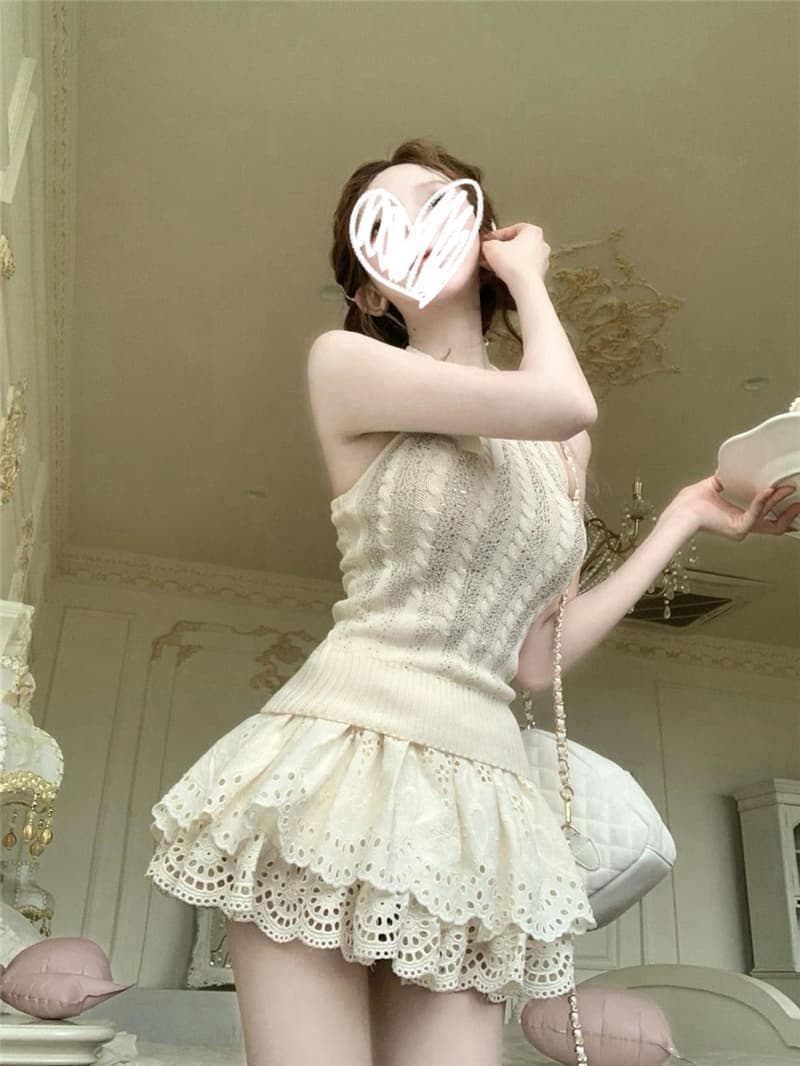 브 룩 스  부드러운 럭셔리 여름 인터넷 유명인 순수한 욕망 천 금빛 바람 작은 대중 디자인 맨위 반 스커트 레이스 투피스 세트 상세 이미지 8