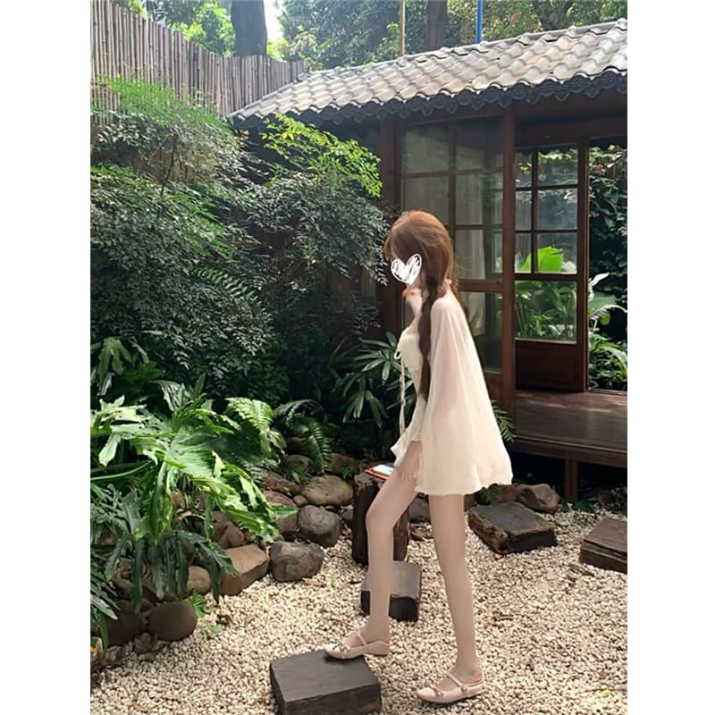 하프 컵 달빛 여름 국풍 새로운 중식 디자인 드레스 투명한 살구 색상 오픈 가디건 세트 이미지 5