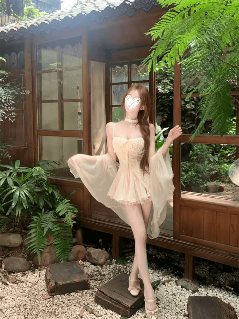 하프 컵 달빛 여름 국풍 새로운 중식 디자인 드레스 투명한 살구 색상 오픈 가디건 세트 상세 이미지 4