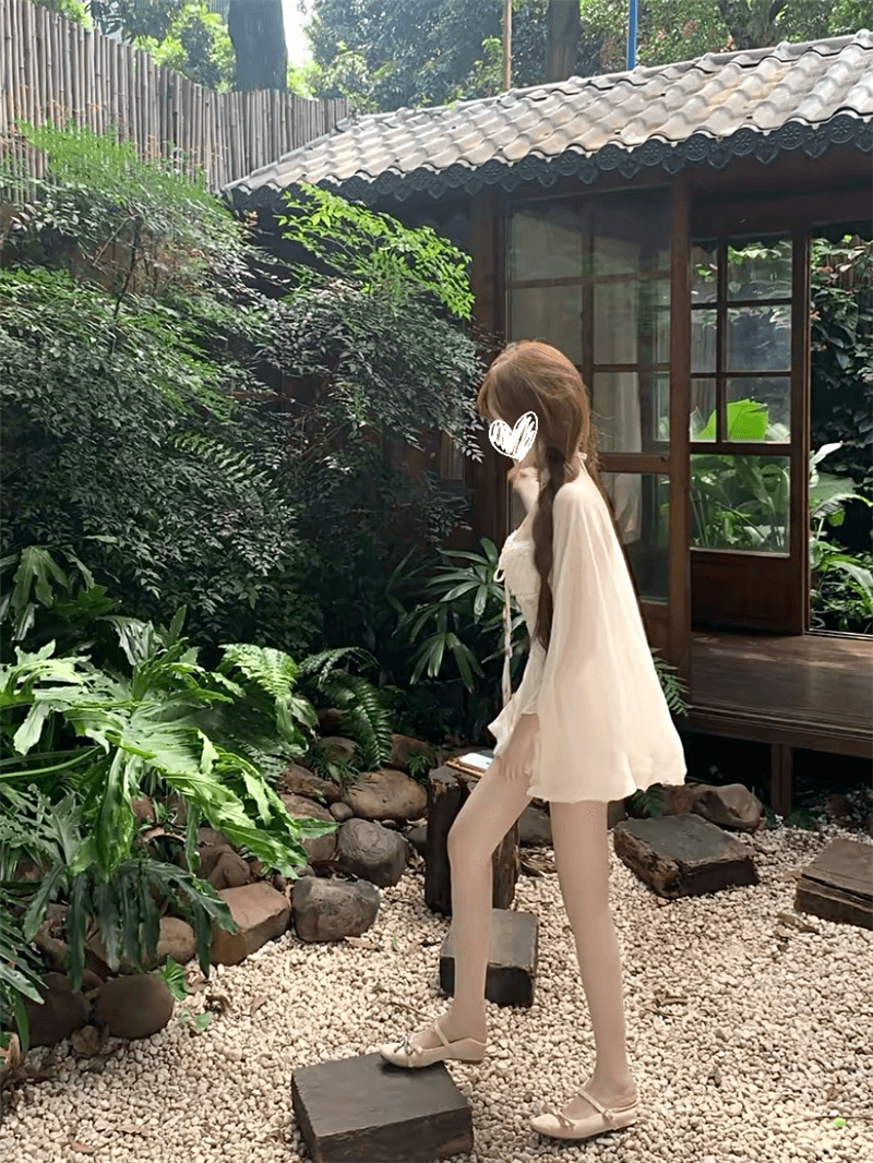 하프 컵 달빛 여름 국풍 새로운 중식 디자인 드레스 투명한 살구 색상 오픈 가디건 세트 상세 이미지 6