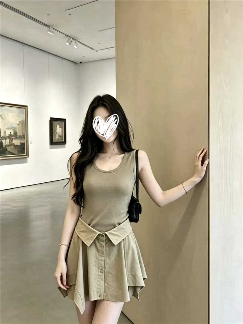 여름 일본인과 미국인 라드. 바람 조끼 스타일 여성 드레스 여름 새로운 허리 수축 슬림해 보이는 타이트 스커트 연령 감소 미니 스커트 상세 이미지 1