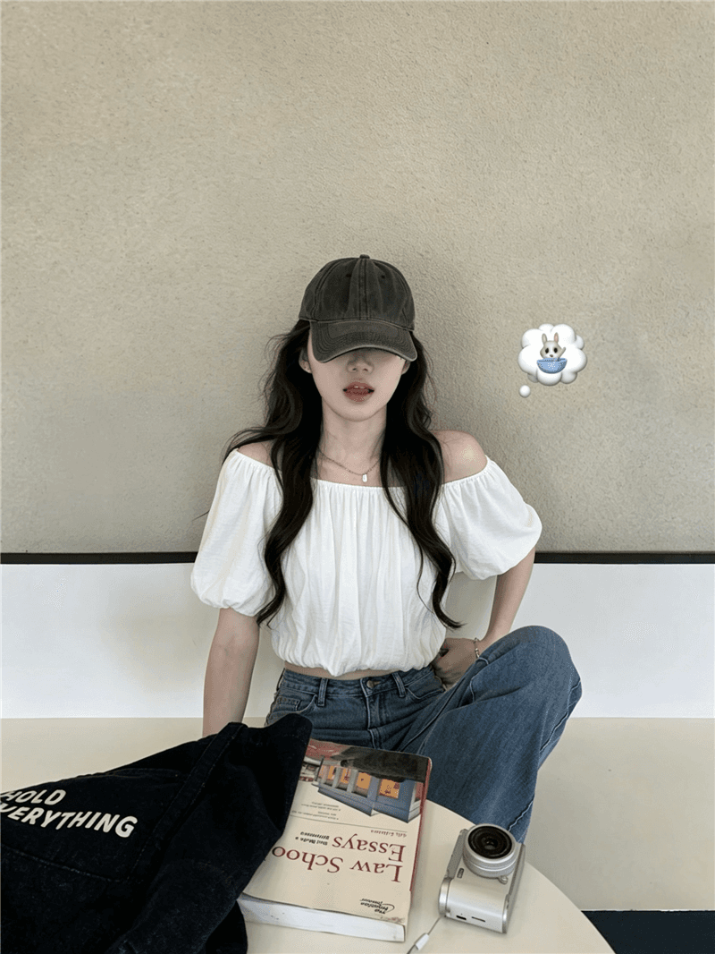 실사 정가 다용도 한 스타일 보트넥 오프숄더 디자인 센스 화이트 맨위 거품 소매 루즈핏 쇼트 스타일 셔츠 상세 이미지 4