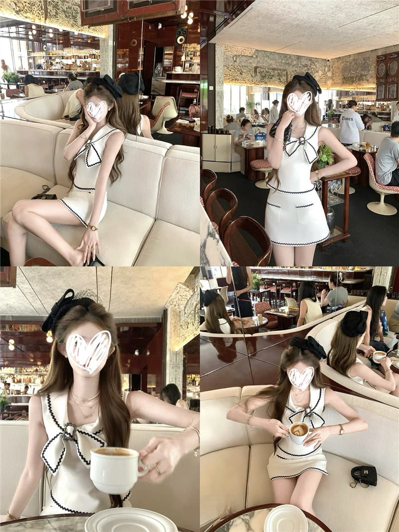 쇼트 스타일 나비 매듭 칼라 허리 수축 맨위 한 마디 반 스커트 배색 여성 여름 세트 드레스 상세 이미지 2