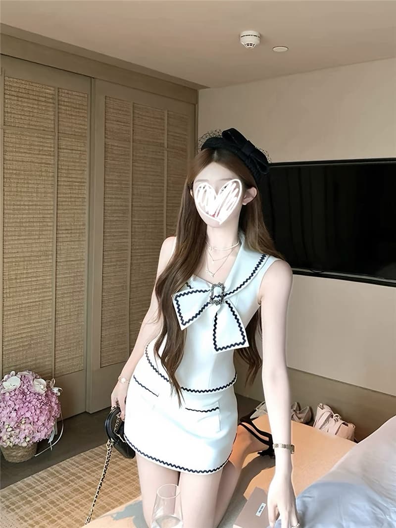 쇼트 스타일 나비 매듭 칼라 허리 수축 맨위 한 마디 반 스커트 배색 여성 여름 세트 드레스 상세 이미지 5