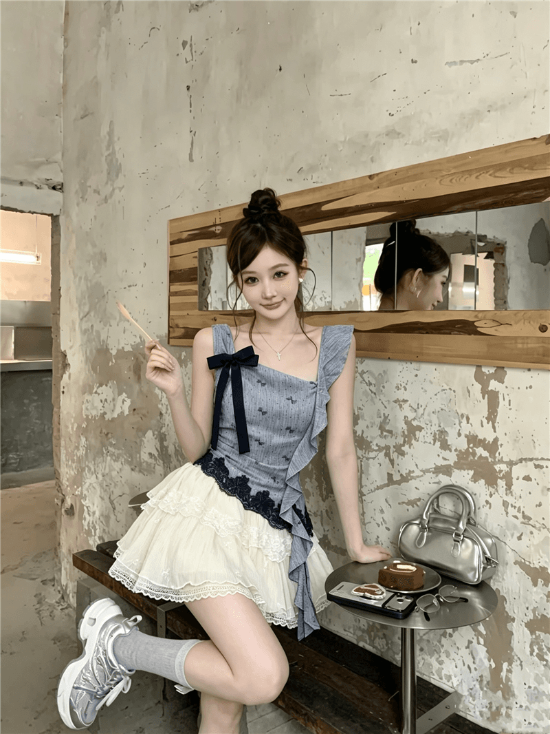 실사 정가 안개 꿈 발레 여름 순수한 욕망 바람 디자인 맨위 나비 매듭 슬립 케이크 반 스커트 세트 이미지 4