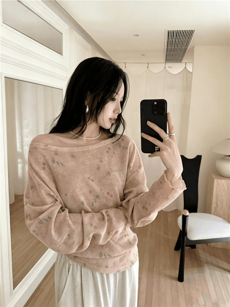 가을 켜기 새로운 수준 센스 센스 불규칙 밑단 오프숄더 칼라 헤일로 염색 꽃 니트 맨위 작은 셔츠 디자인 센스 맨위 여성 상세 이미지 3