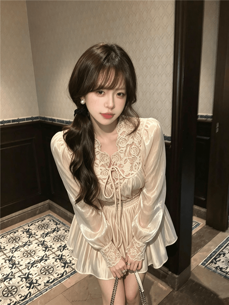 실사 정가 향기로운 백주 깃발 구슬 빛 새틴 부드러운 디자인 센스 패치워크 레이스 맨위 반신 스커트 투피스 세트 상세 이미지 4