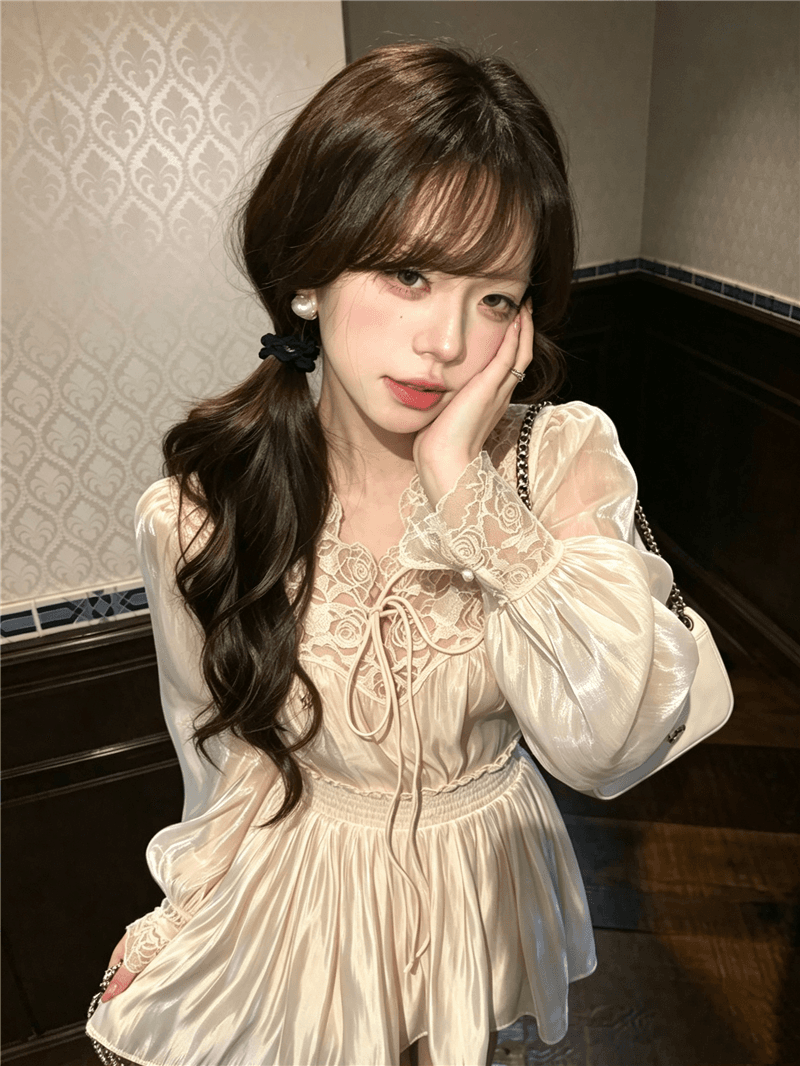 실사 정가 향기로운 백주 깃발 구슬 빛 새틴 부드러운 디자인 센스 패치워크 레이스 맨위 반신 스커트 투피스 세트 상세 이미지 5