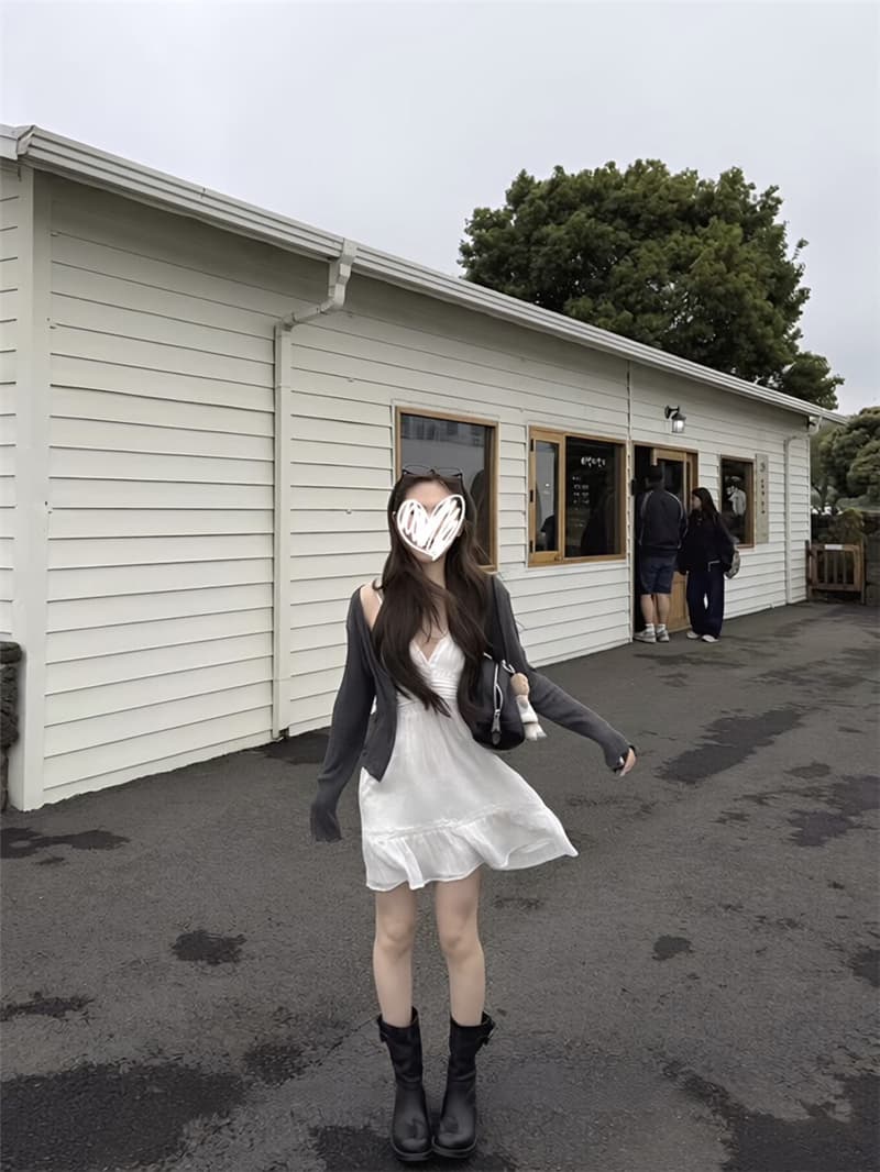 가을 켜기 새로운 치엥 소녀 구덩이 기사 질감 센스 니트 오픈 가디건 레이스 슬립 드레스 투피스 세트 세트 상세 이미지 8