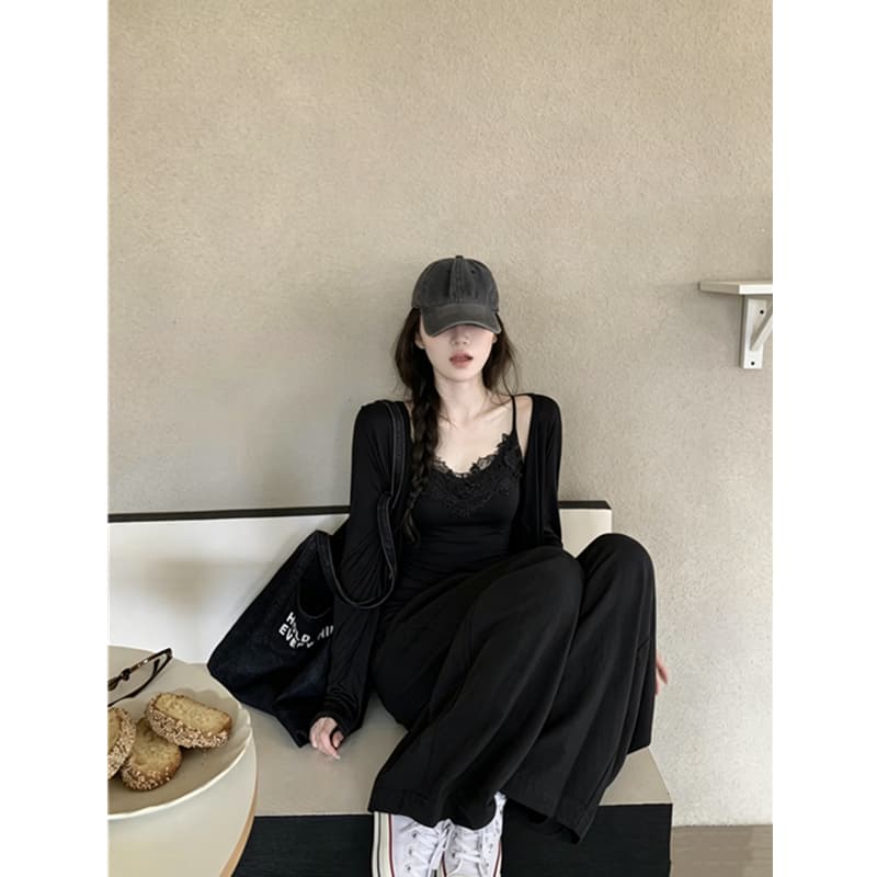 실사 정가 부드러운 아름다움 벨트 가슴 패드 레이스 슬립 다용도 오픈 가디건 뒤집다 머리 편안함 캐주얼 바지 3종 세트 이미지 5