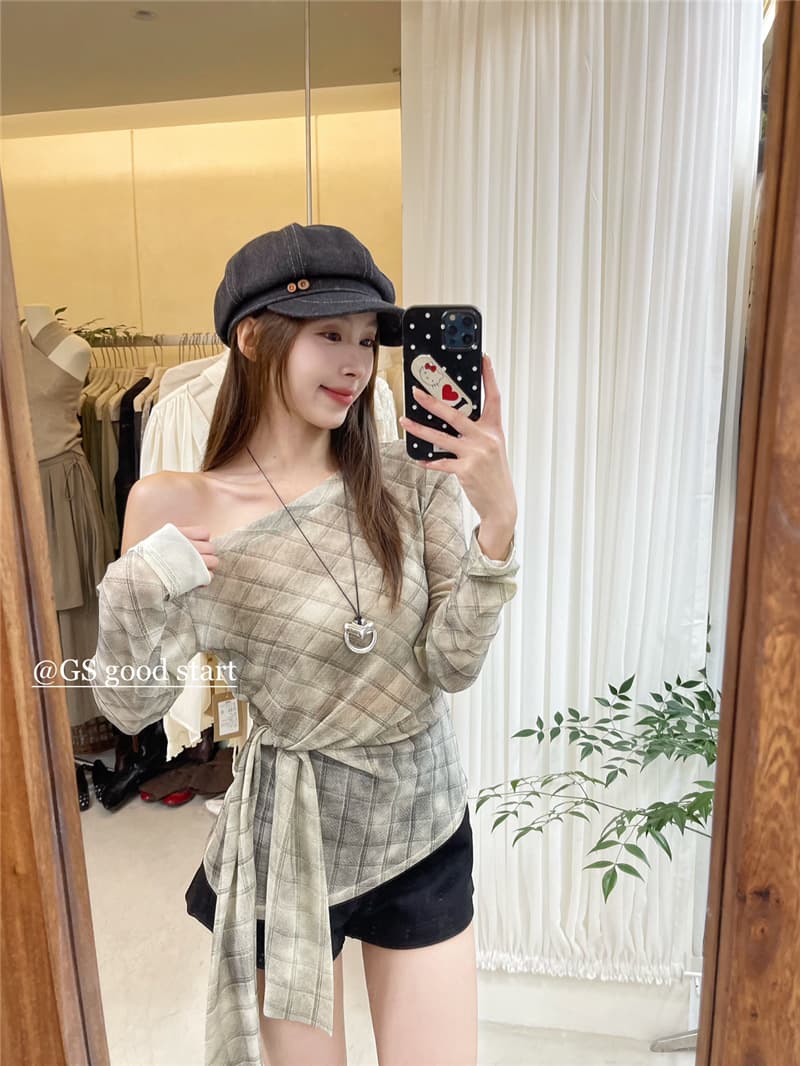 26 가을 켜기 새로운 독립적 인 세트 원단 홀치기 염색 시리즈 반드시 입력 프랑스식 품격 세련된 체크무늬 레이스업 슬림해 보이는 비스듬한 어깨 작은 셔츠 상세 이미지 18