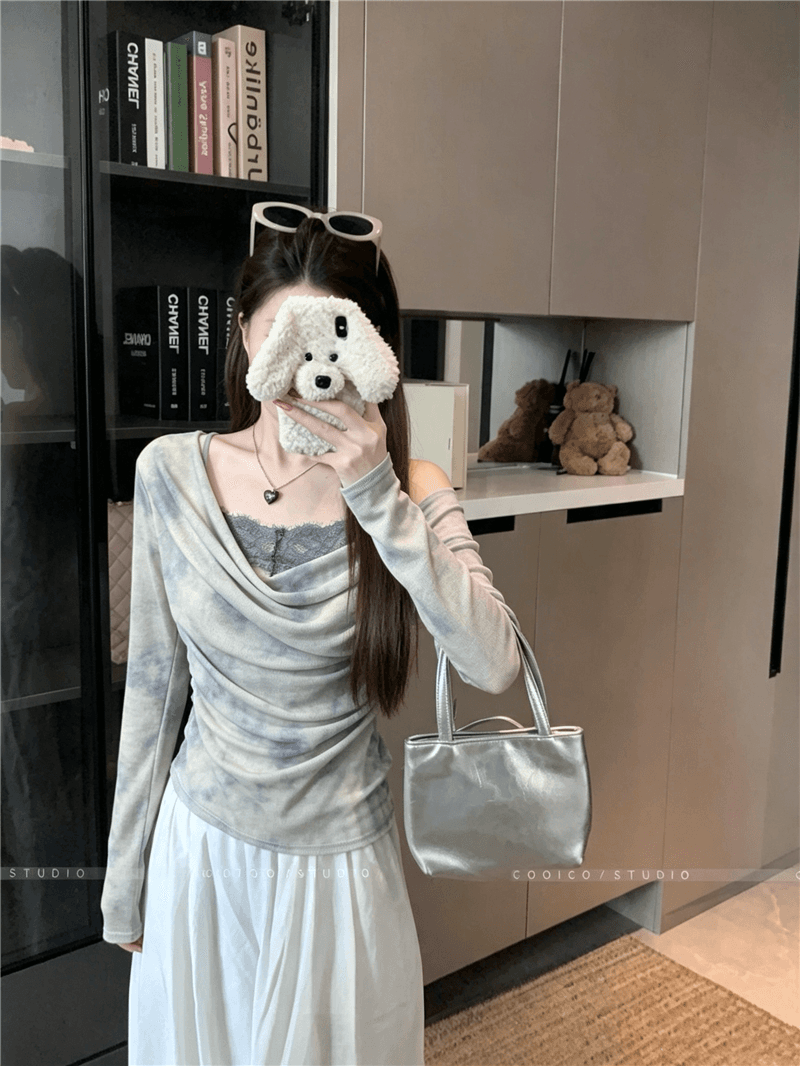 실사 정가 가을의 날 팔레트 홀치기 염색 색상 프랑스식 품격 느긋한 바람 흔들다 칼라 페이크 레이어드 긴팔 작은 셔츠 이미지 3