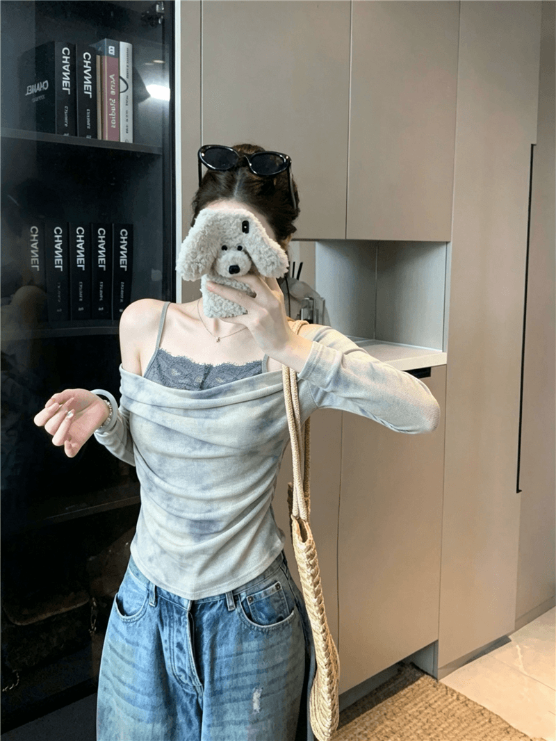 실사 정가 가을의 날 팔레트 홀치기 염색 색상 프랑스식 품격 느긋한 바람 흔들다 칼라 페이크 레이어드 긴팔 작은 셔츠 이미지 4