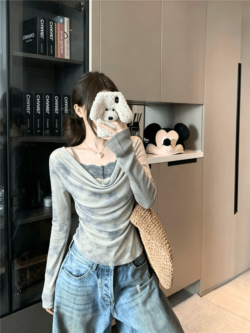 실사 정가 가을의 날 팔레트 홀치기 염색 색상 프랑스식 품격 느긋한 바람 흔들다 칼라 페이크 레이어드 긴팔 작은 셔츠 상세 이미지 6
