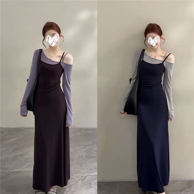 이른 가을 새로운 작은 대중 배색 허리 수축 슬림해 보이는 품격 페이크 레이어드 긴팔 슬립 드레스 이미지 2