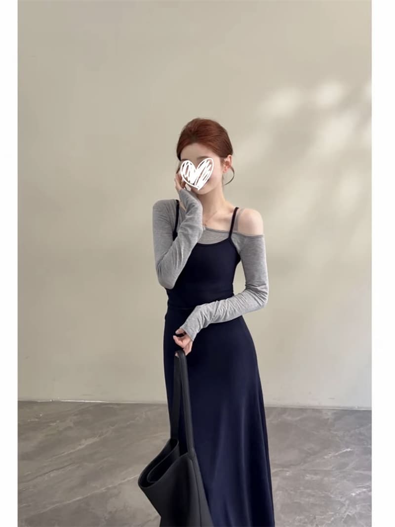 이른 가을 새로운 작은 대중 배색 허리 수축 슬림해 보이는 품격 페이크 레이어드 긴팔 슬립 드레스 이미지 3