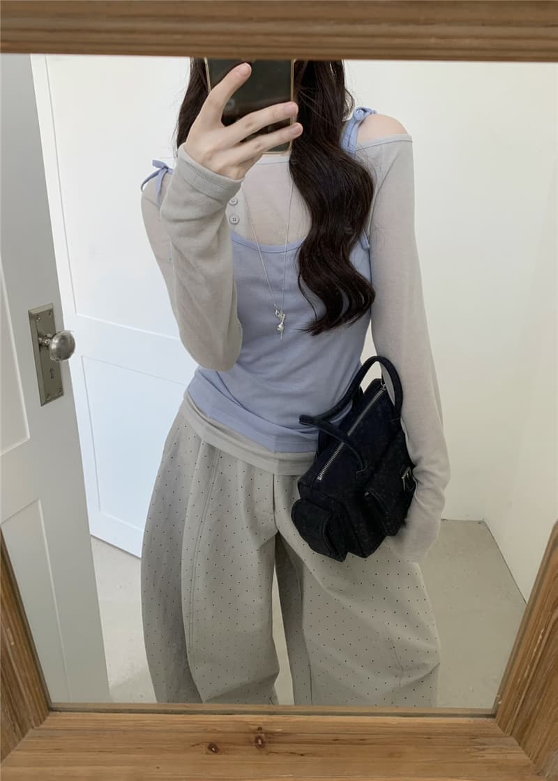 가을 켜기 새로운 한 부서 배색 레이스업 캐미솔 긴팔 부드러운 슬림해 보이는 표지 고기 단추 기본 셔츠 투피스 세트 상세 이미지 7