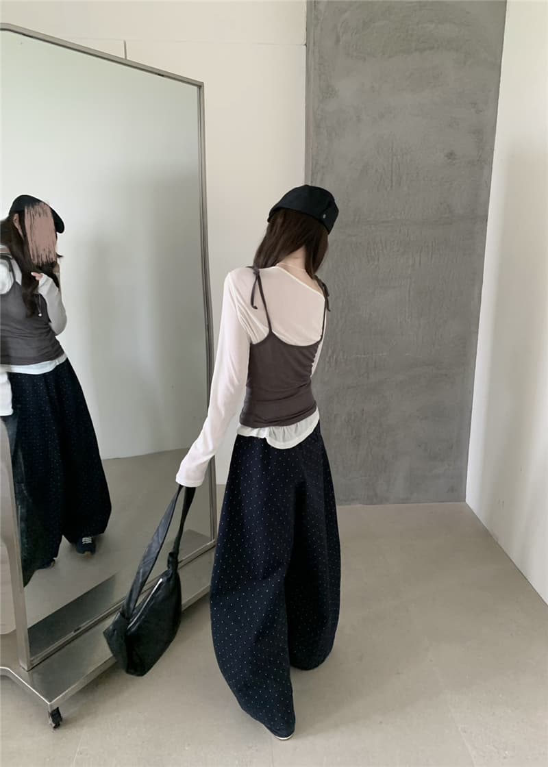 가을 켜기 새로운 한 부서 배색 레이스업 캐미솔 긴팔 부드러운 슬림해 보이는 표지 고기 단추 기본 셔츠 투피스 세트 상세 이미지 11