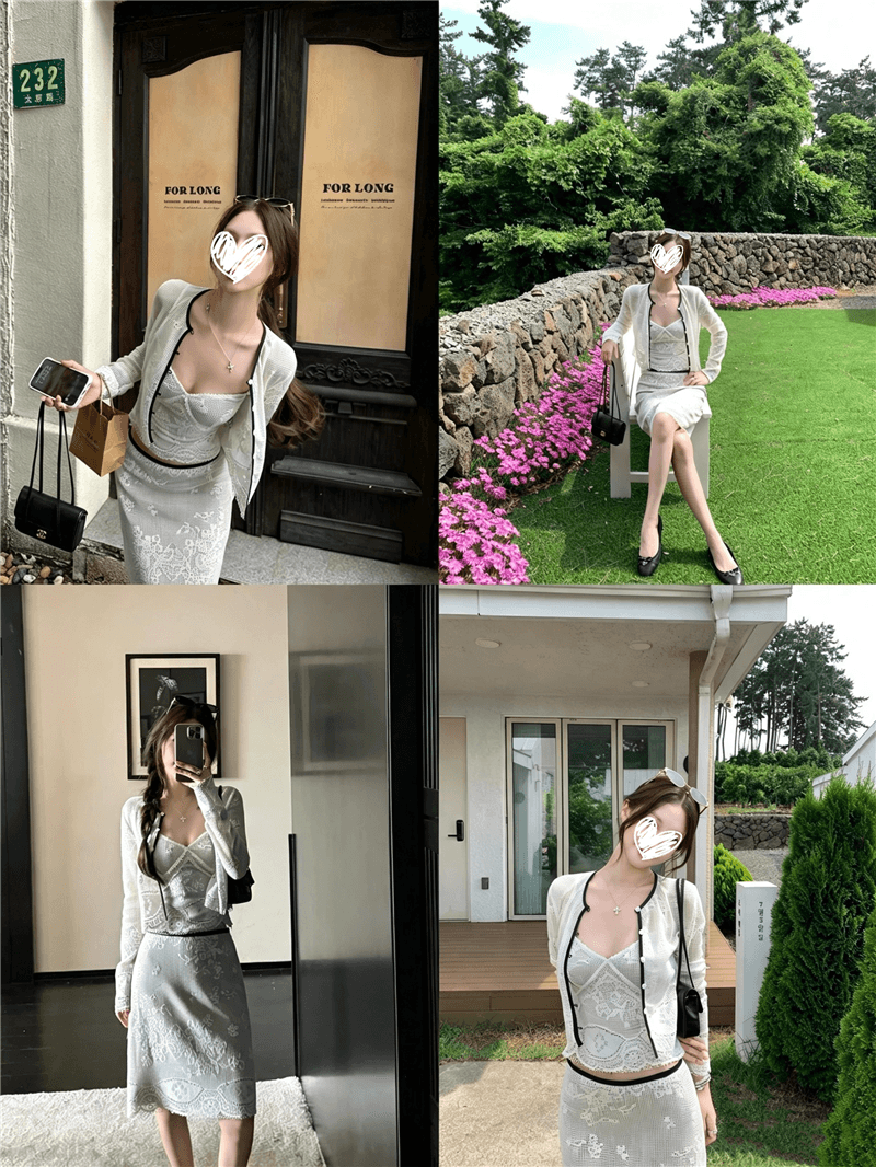 밤나무 코코아 향기로운 향 소녀 중년 홀로우 아웃 레이스 슬립 오픈 가디건 반신 스커트 세트 그룹 세 조각 여성 세트 상세 이미지 4