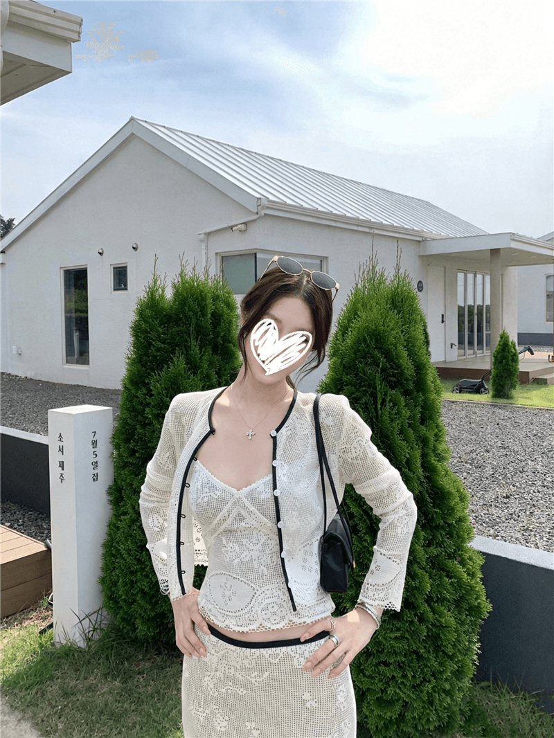 밤나무 코코아 향기로운 향 소녀 중년 홀로우 아웃 레이스 슬립 오픈 가디건 반신 스커트 세트 그룹 세 조각 여성 세트 상세 이미지 7