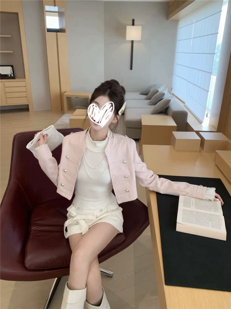 소녀 나이트 한국 스타일 레트로 천 골드 디자인 센스 작은 재킷 재킷 기본 셔츠 나비 매듭 반 스커트 3종 세트 상세 이미지 2