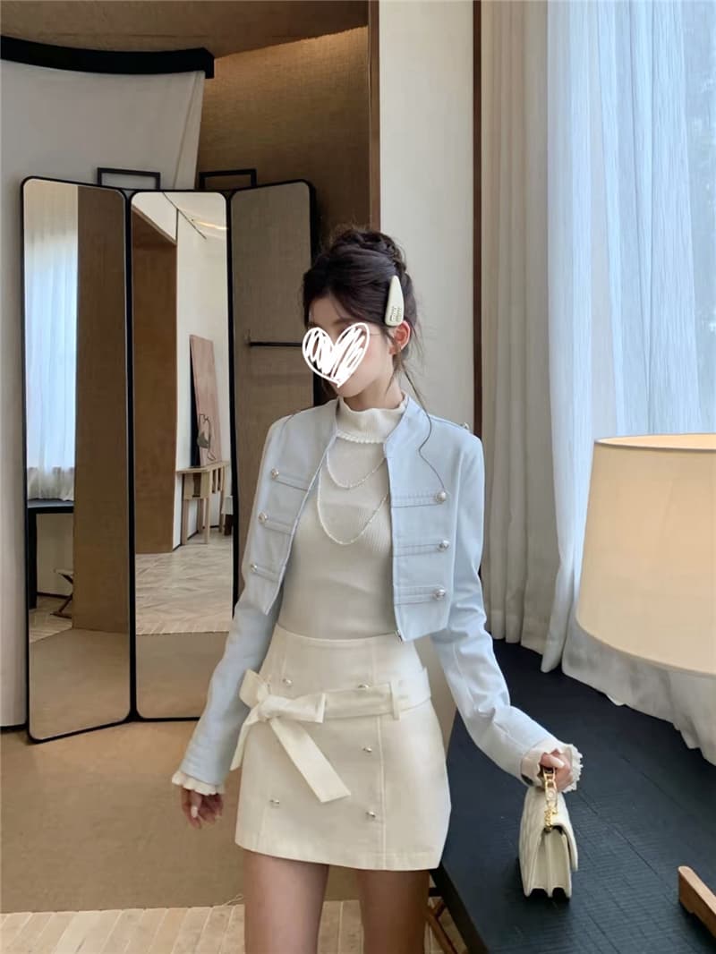 소녀 나이트 한국 스타일 레트로 천 골드 디자인 센스 작은 재킷 재킷 기본 셔츠 나비 매듭 반 스커트 3종 세트 상세 이미지 12