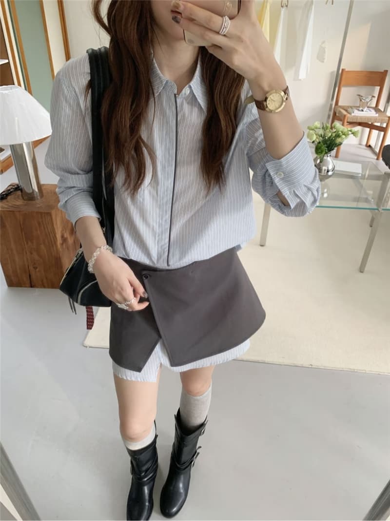 스트라이프 셔츠 폴로 칼라 출퇴근 기초 맨위 페이크 레이어드 반 스커트 배색 스트라이프 패치워크 미니 스커트 투피스 세트 이미지 4
