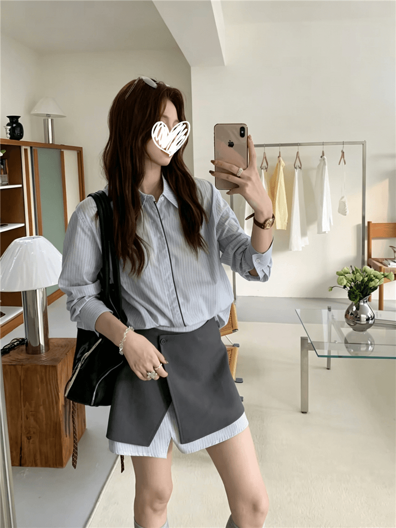 스트라이프 셔츠 폴로 칼라 출퇴근 기초 맨위 페이크 레이어드 반 스커트 배색 스트라이프 패치워크 미니 스커트 투피스 세트