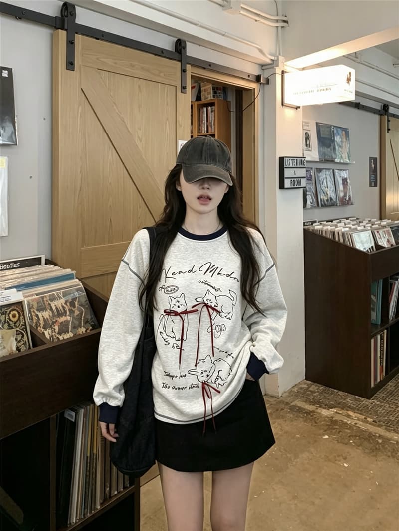 실사 정가 가을 겨울 고양이 3 차원 나비 배색 긴팔 티셔츠 디자인 센스 한 첨부 된 의류 루즈핏 후드티 상세 이미지 2
