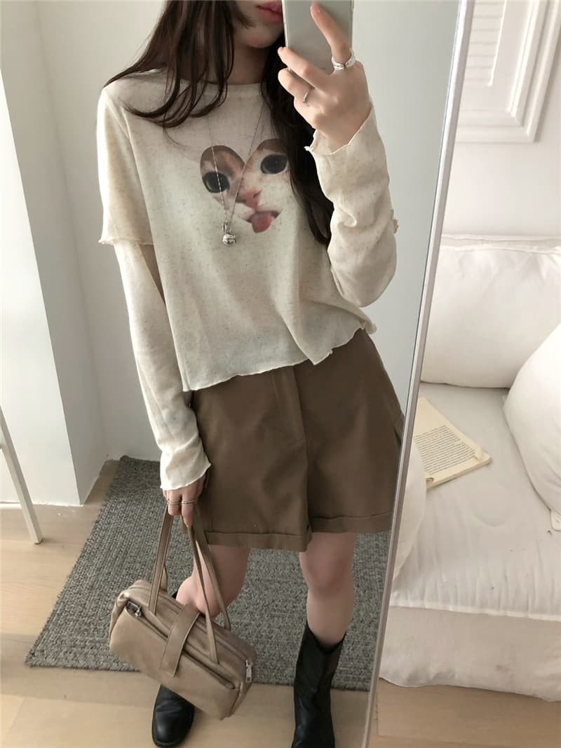 가을 켜기 새로운 한 부서 레트로 달콤함 연령 감소 다용도 하트 새끼 고양이 프린트 페이크 레이어드 긴팔 티셔츠 상세 이미지 13