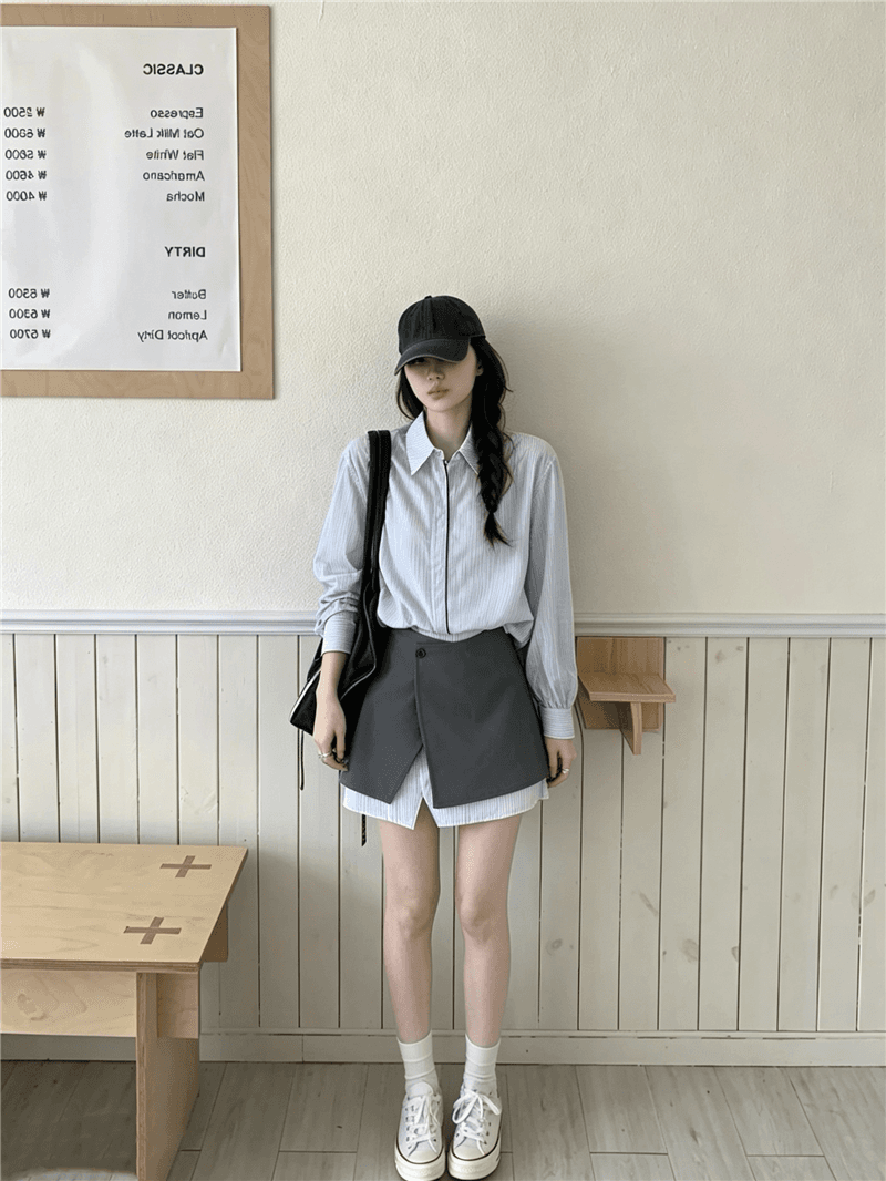 실사 정가 스트라이프 셔츠 폴로 칼라 기초 맨위 페이크 레이어드 반 스커트 배색 스트라이프 미니 스커트 투피스 세트