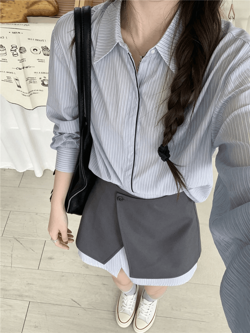 실사 정가 스트라이프 셔츠 폴로 칼라 기초 맨위 페이크 레이어드 반 스커트 배색 스트라이프 미니 스커트 투피스 세트 상세 이미지 3