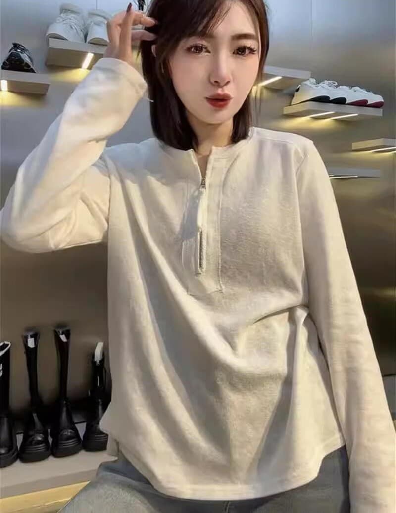 하프 지퍼 한국 스타일 고급 연령 감소 긴팔 티셔츠 여성 2026 봄 새로운 미니멀리즘 패션 기본 셔츠 맨위 서비스 상세 이미지 1