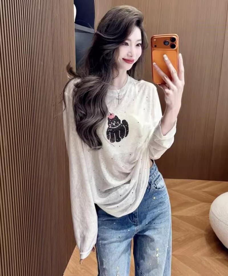웨이 눈 같은 단락 주간 실크 코튼 라운드 넥 무거운 작업 뜨거운 색상 훈련 귀여운 고양이 긴팔 티셔츠 여성 느긋한 자외선 차단 기본 셔츠 이미지 2