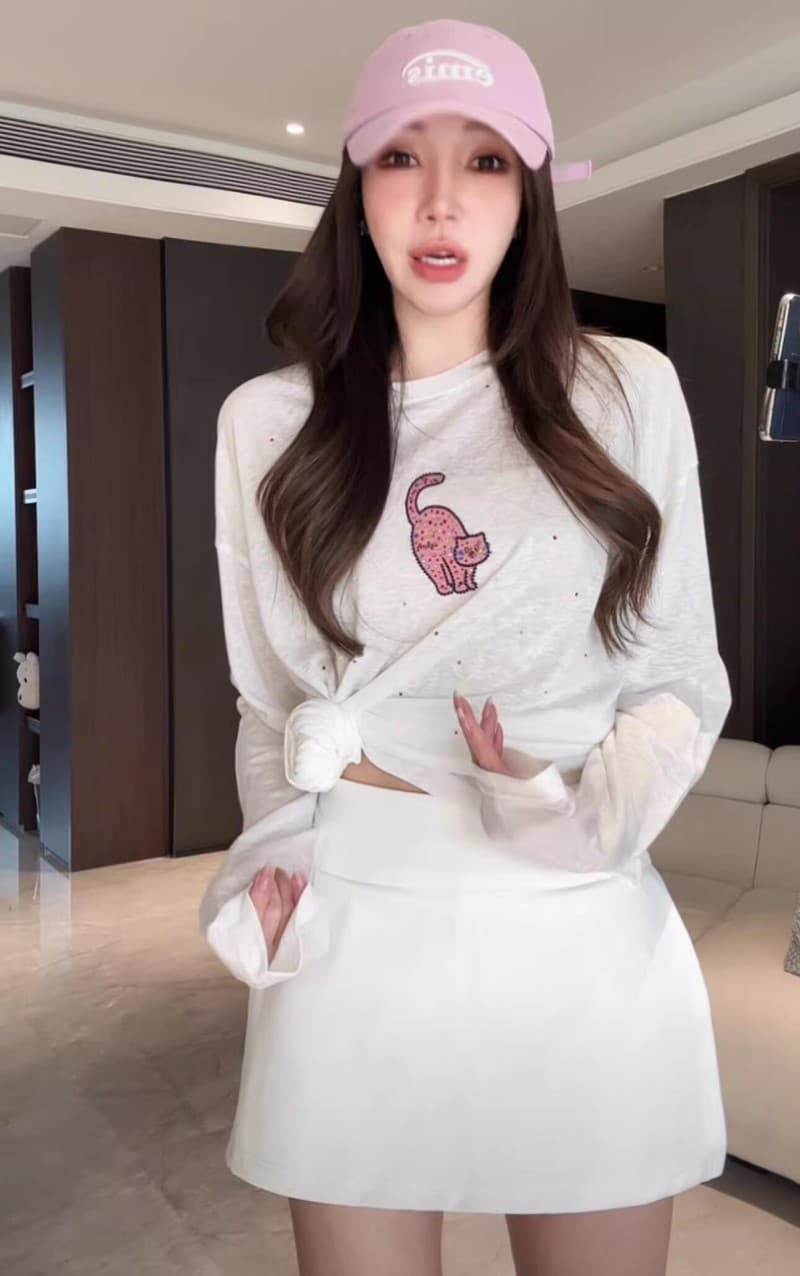 웨이 눈 같은 단락 주간 실크 코튼 라운드 넥 무거운 작업 뜨거운 색상 훈련 귀여운 고양이 긴팔 티셔츠 여성 느긋한 자외선 차단 기본 셔츠 이미지 3