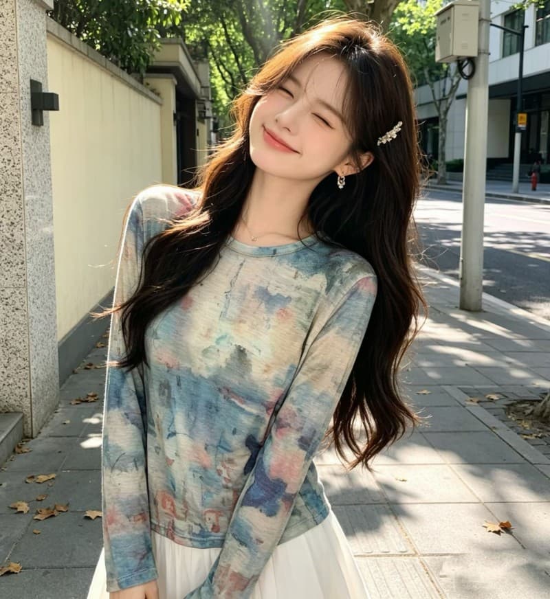 유럽 상품 색상 수묵화 헤일로 염색 얇은 스타일 긴팔 티셔츠 여성 2026 여름 새로운 루즈핏 디자인 센스 자외선 차단 맨위 상세 이미지 10