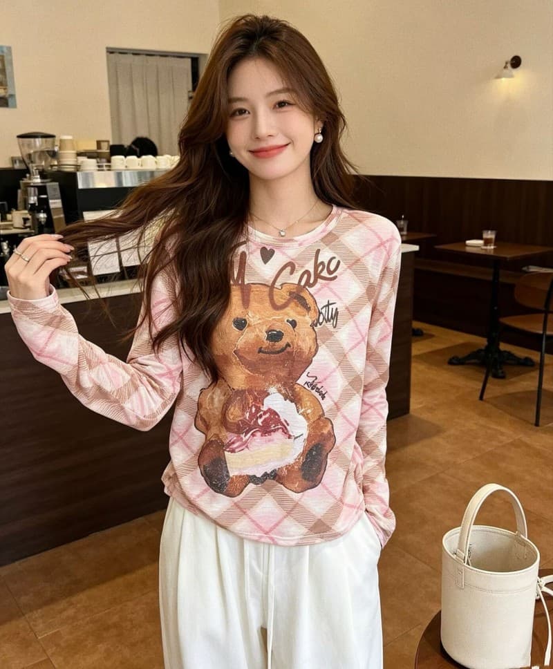 한 부서 달콤함 귀여운 작은 곰 프린트 주간 실크 자외선 차단 긴팔 티셔츠 여성 여름 얇고 가벼운 마이크로 ~을 통해 분위기 센스 맨위 이미지 3