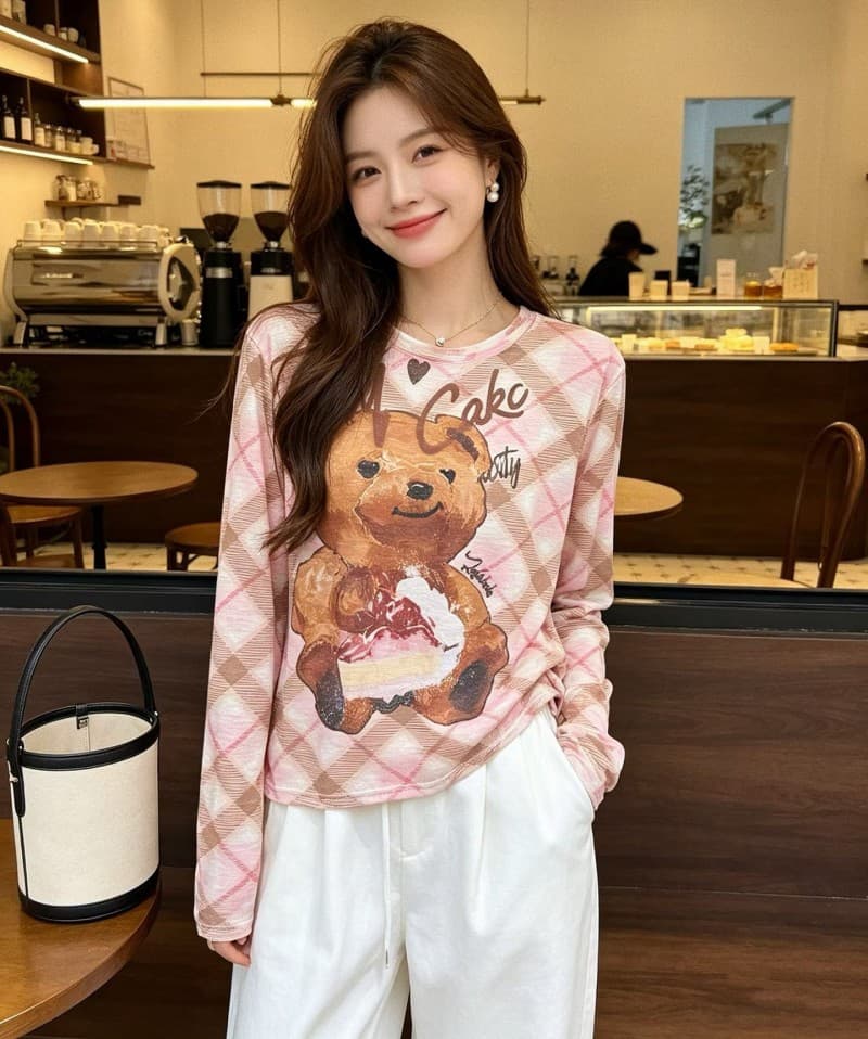 한 부서 달콤함 귀여운 작은 곰 프린트 주간 실크 자외선 차단 긴팔 티셔츠 여성 여름 얇고 가벼운 마이크로 ~을 통해 분위기 센스 맨위 이미지 2