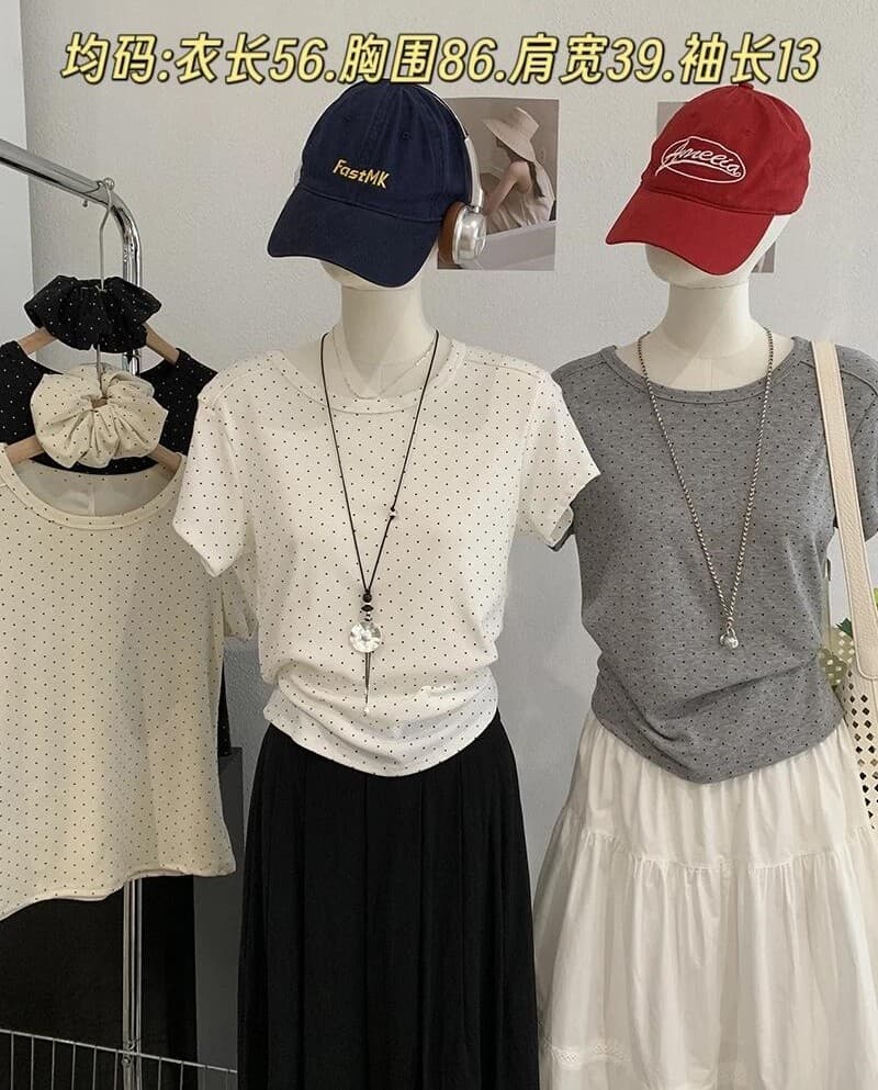 다용도 미니멀리즘 도트 무늬 긍정적 인 어깨 라운드 넥 반팔 티셔츠 여성 의류 여름 기초 섹션 달콤함 만나는 맨위 배당 서클 상세 이미지 1