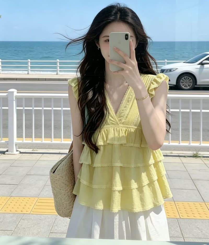 프랑스식 외국 가스 패션 V넥 Feifei 소매 조끼 여성 2026 여름 새로운 디자인 센스 프릴 작은 셔츠 맨위 상세 이미지 7