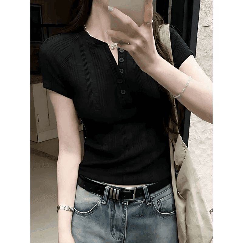 한 부서 긍정적 인 어깨 단추 반 개방 칼라 반팔 티셔츠 여성 여름 새로운 몸매 가꾸기 슬림해 보이는 쇼트 스타일 고유 한 아름다운 V넥 맨위 상세 이미지 5
