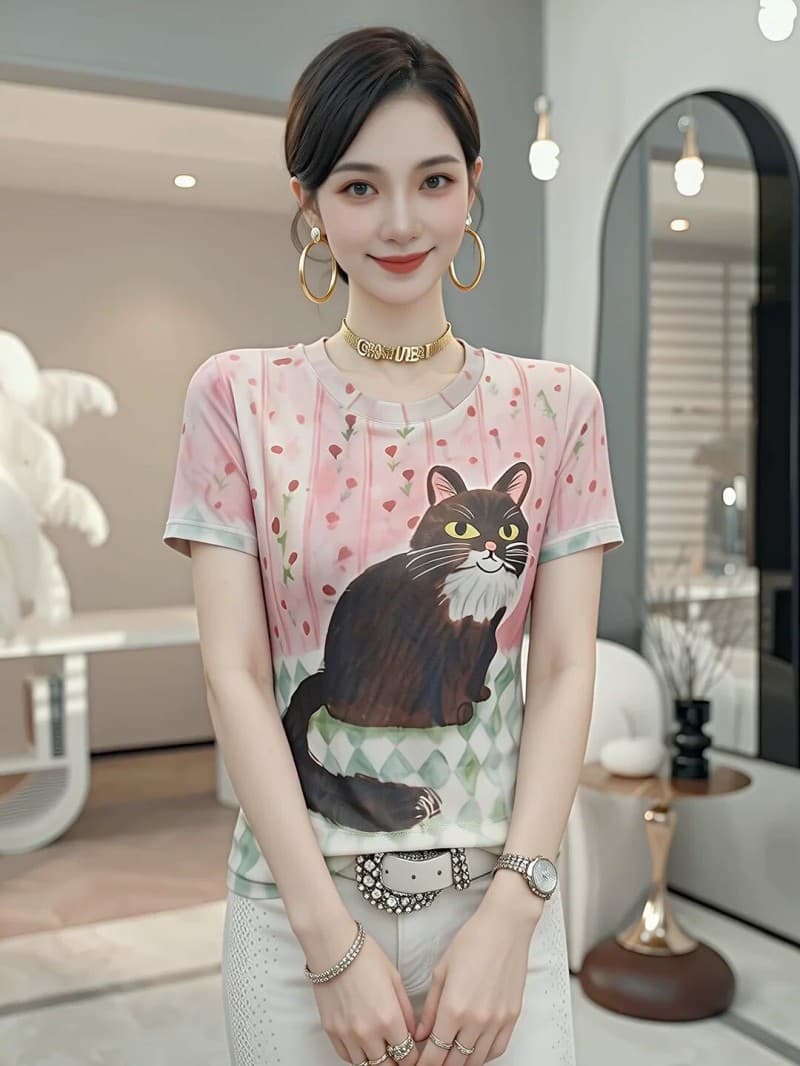만화 고양이 프린트 망사 반팔 티셔츠 여성 여름 2026 새로운 패션 라운드 넥 몸매 가꾸기 슬림해 보이는 연령 감소 맨위 이미지 2