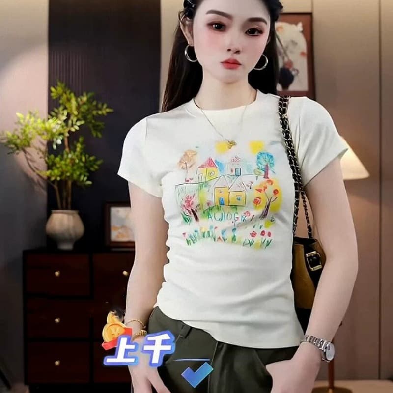 한 부서 색상 낙서 프린트 반팔 티셔츠 여성 2026 여름 새로운 트렌드 외국 가스 몸매 가꾸기 슬림해 보이는 맨위 이미지 5